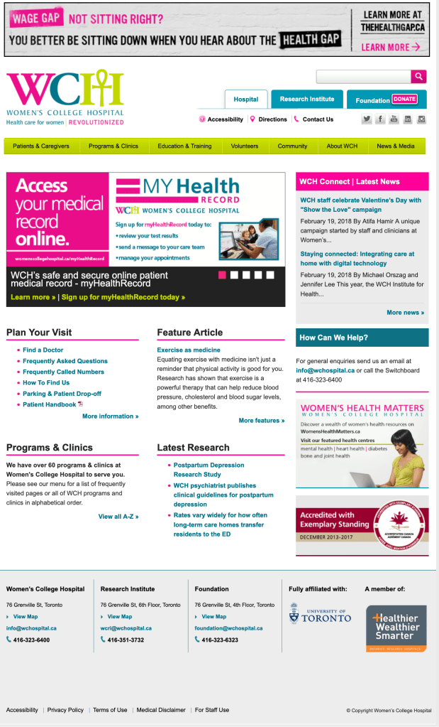 A screenshot of the old Women's College Hospital website