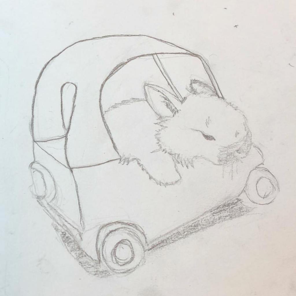 Pencil sketch of a rabbit hanging out of a toy car