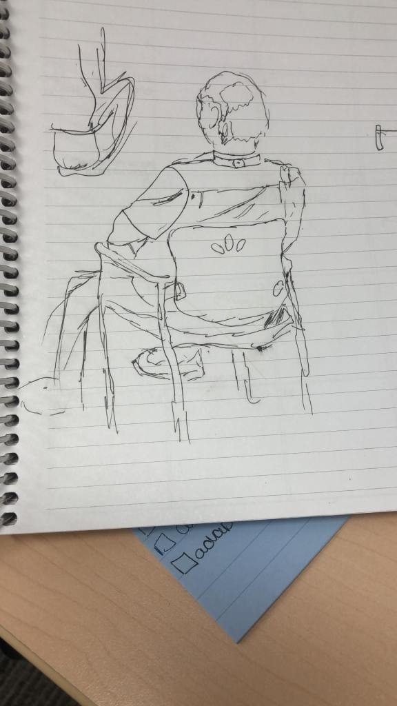 a rough pen sketch of a person sitting in a chair