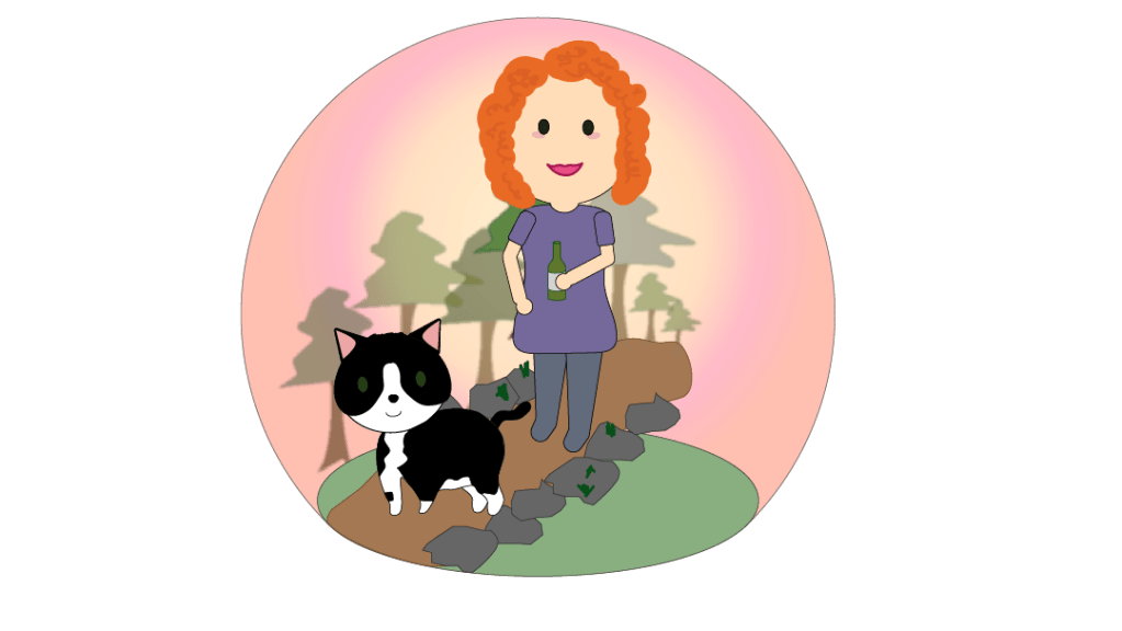 a cartoon of a red headed woman hiking with a black and white 🐱