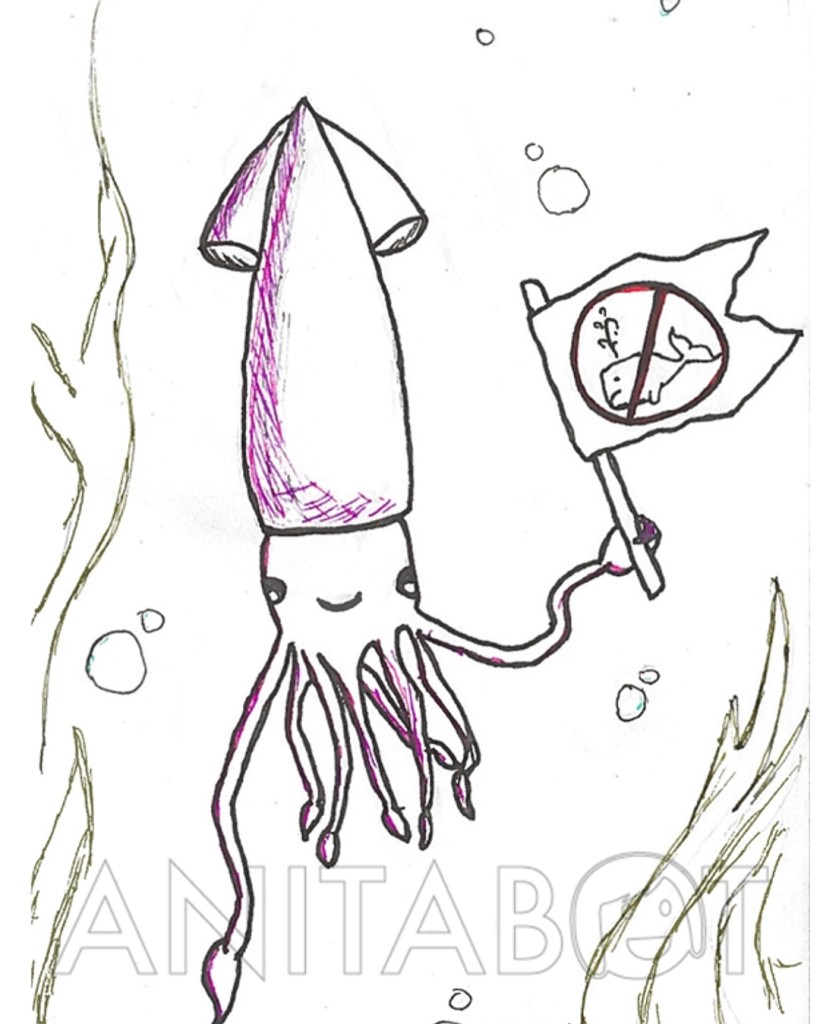 a sketch of a squid holding a flag that has a sperm whale in a circle with a line through it