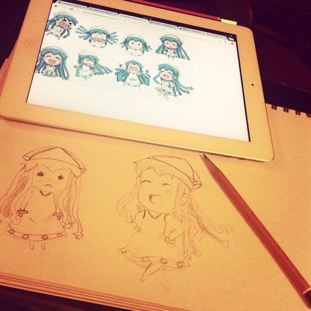 a image of a sketch book with versions of anime characters that are references on an ipad