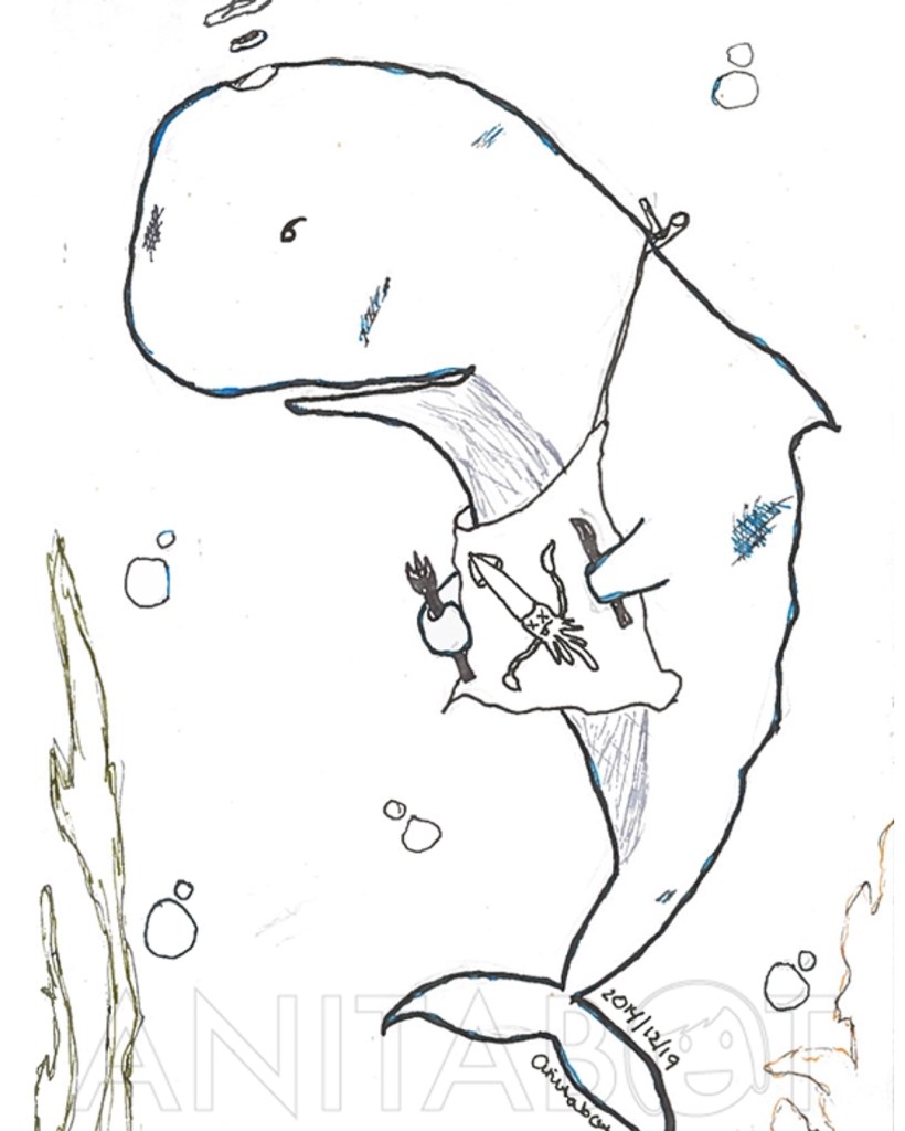 a cartoon of a sperm whale wearing a big with a picture of a squid, holding a knife and fork